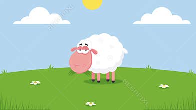 White Sheep Cartoon Character Grazing Grass