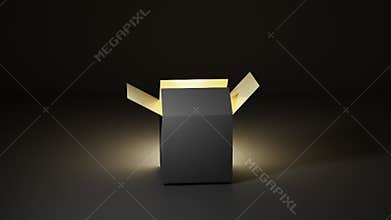 Opening magic box with golden glow and light inside. Surprise idea, secret gift on dark background, container for focus