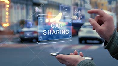 Female hands interact HUD hologram Car Sharing