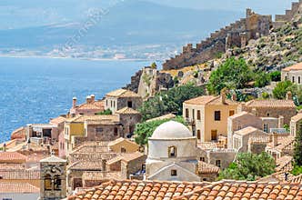 Monemvasia Castle Town with Traditional Houses, Hotels and Churches. Famous Byzantine Medieval Heritage