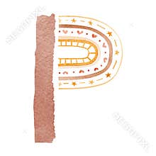 Watercolor Children`s alphabet letter P in the style abstract rainbow design. Cute kids font lettering design for nursery