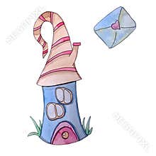 Watercolor hand painted fairytale house illustration