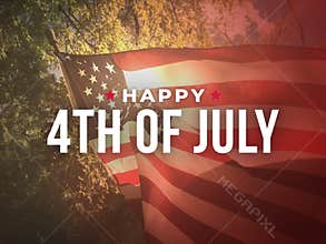 4th of July Holiday Greeting Card with Typography Over Photo of American Flag Blowing in the Wind and Sun Lens Flare Backgr