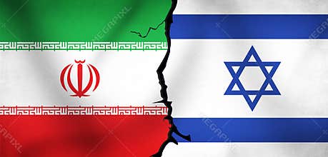 Iran Vs Israel On going Conflict Representation with Both Country Flags and Crack in Center. Modern Political and war