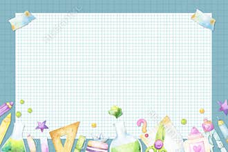 Rectangular template with watercolor illustrations of back to school and science class supplies, pens, pencils, laboratory tubes