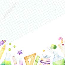 Square back to school template with colorful watercolor graphics isolated on white background, including art, craft and science