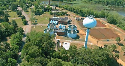 Aerial view of drinking water treatment plants for big city from water management