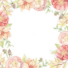 Watercolor floral frame with gentle field flowers, leaves, eucalyptus, branches. Squared botanical card with Ranunculus, lilies,