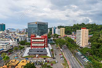 Panoramic view of Kota Kinabalu city with Plaza Shell Building home of the Sabah Shell Petroleum Co Ltd and the Wisma Budaya in