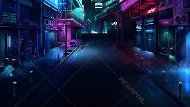 Realistic 2D cyberpunk city illustration. Neon night city.