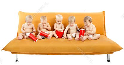 Children Group watch Cinema Popcorn, Kids on White