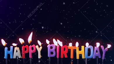Animation of snowflakes falling over lover lit candles spelling happy birthday, blown out, on black
