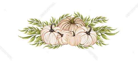 Watercolor white pumpkin composition, floral pumpkins, Halloween clip art, autumn design elements, fall arrangement