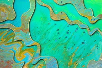 Marble blue and green abstract background with gold gradient borders