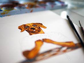 Dog head human playing board game fun leisure on table top hobby watercolor painting illustration design art cartoon character