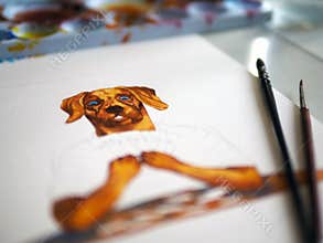 Dog head human playing board game fun leisure on table top hobby watercolor painting illustration design art cartoon character