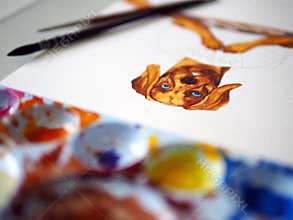 Dog head human playing board game fun leisure on table top hobby watercolor painting illustration design art cartoon character