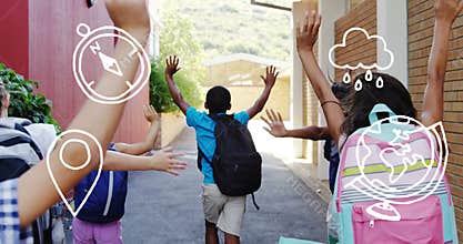 Animation of school icons over school children running in school