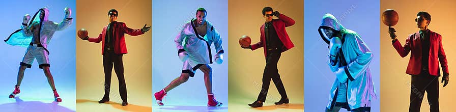 Collage of different professional sportsmen, fit people in action and motion isolated on color background. Flyer.
