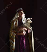 Shepherd hold a sheep in his arms