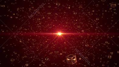 Abstract space motion graphics with bright yellow light and rotating golden metal elements