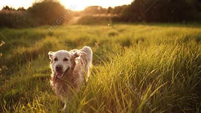 Adorable Golden Retriever Dog Walking On A Field At Sunset