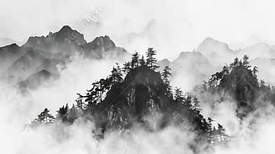 Generative AI Chinese ink landscape painting business concept.