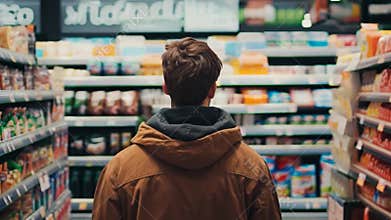 Man browsing grocery store aisles during evening hours, considering various snack options and products for purchase