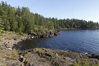 The rocky shore of Valaam Island covered with pine forest