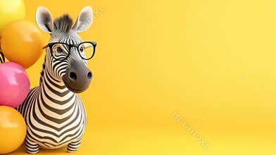 A zebra with glasses and balloons on a yellow background, AI