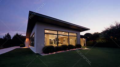 Modern modular private townhouse. Residential minimalist architecture exterior.