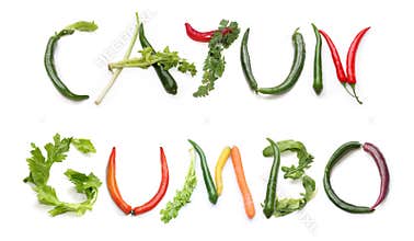 CAJUN GUMBO from red, orange, green, yellow, purple chili, salad, carrot, parsley herb, celery trinity, onion, pepper, cajun gumbo