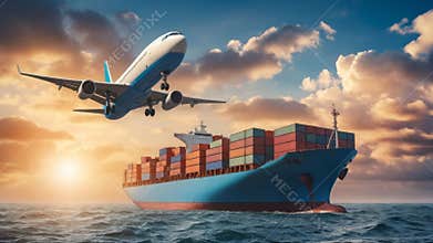 Cargo plane flying over container ship at sunset delivering goods
