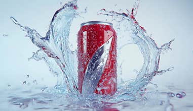 Here is a mockup of a 330ml red aluminum soda can with drops splashing on it