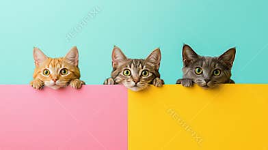 Three cats peeking over colorful background