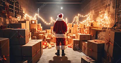 Christmas gift delivery Santa Claus standing in shop warehouse storage full of cardboard present boxes