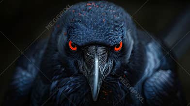 Close-up of a raven with striking red eyes perched in a dark forest during twilight