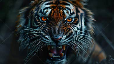 Intense roar of a tiger in the jungle during twilight