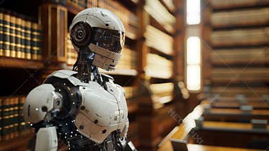 A humanoid robot stands in a library filled with books, showcasing advanced AI technology
