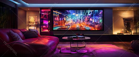 Modern home theater with vibrant cityscape on screen