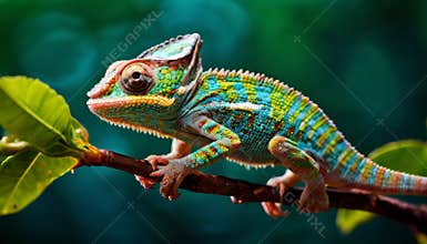 Vibrant chameleon perched on a leafy branch