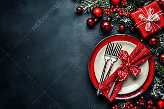 Table setting for holiday dinner for Christmas, New Year, Thanksgiving. Decorated table with plate, cutlery, forks and