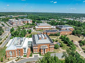 Aerial view of Mary Washington University buildings in Fredericksburg Virginia: Dodd Auditorium, Jefferson Hall, Bushnell Hall,