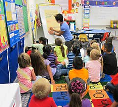 Children studying in a kindergarten classroom with a teacher