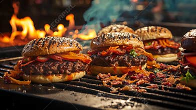 Grilling Juicy Burgers With Onions and Peppers Over Open Flames