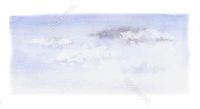 Scenery landscape daylight with rain storm on horizon, cloudy blue sky hand drawn in watercolor. Single isolated element