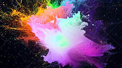 A burst of vibrant rainbow colors exploding in dark space creating a stunning visual display