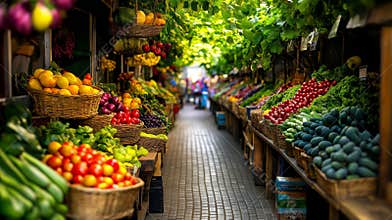 Lively Outdoor Market: A Colorful Display of Fresh Produce and Sunlit Charm