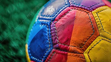 Close-up of a vibrant soccer ball featuring the colors of the LGBTQ pride flag on a grassy field