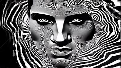 Surreal looping human face displaying dark evil expression Cinematic style with psychedelic effects, black and white